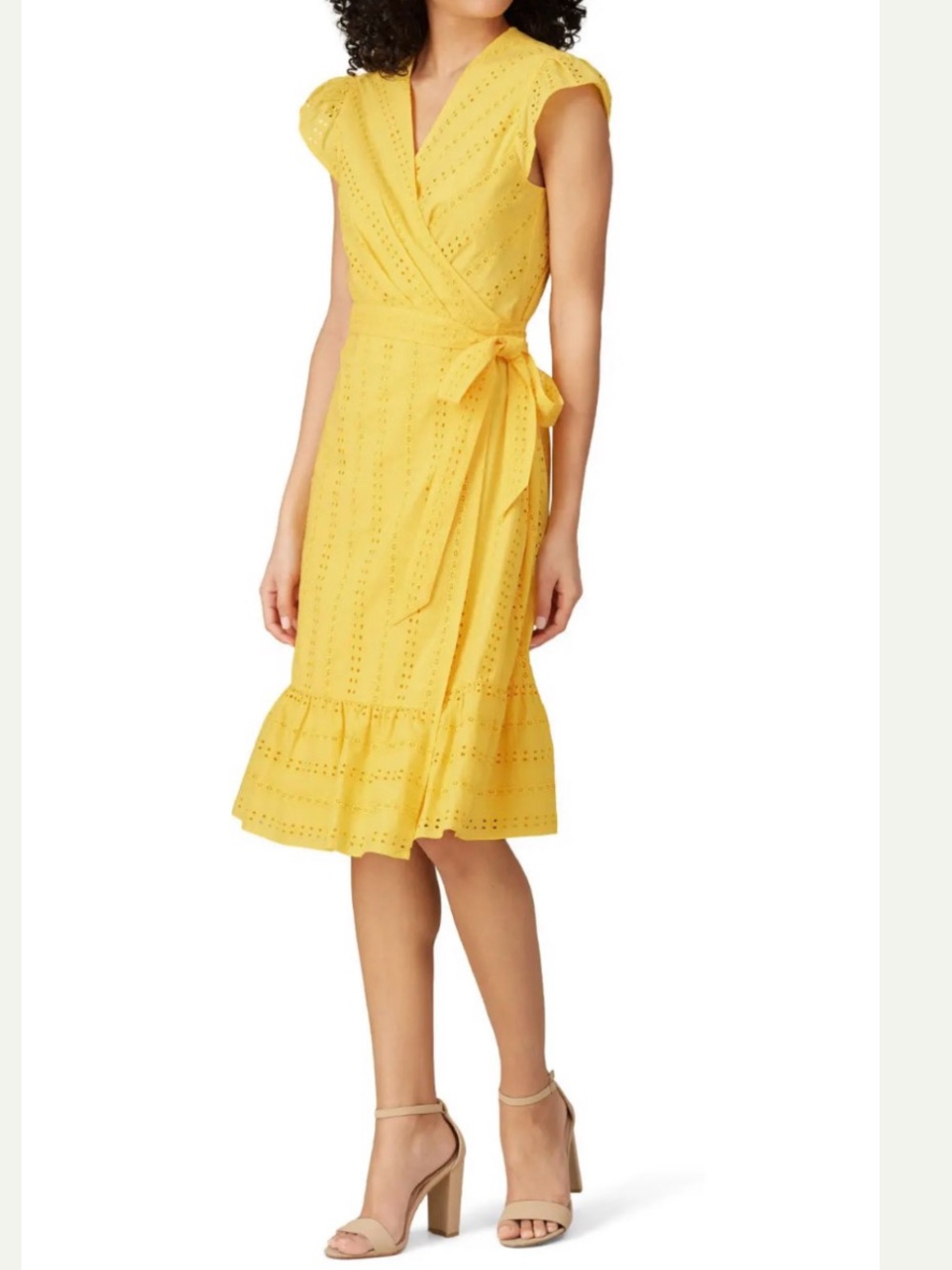 Draper James Yellow Eyelet Wrap Midi Dress with Tie Waist Size 6